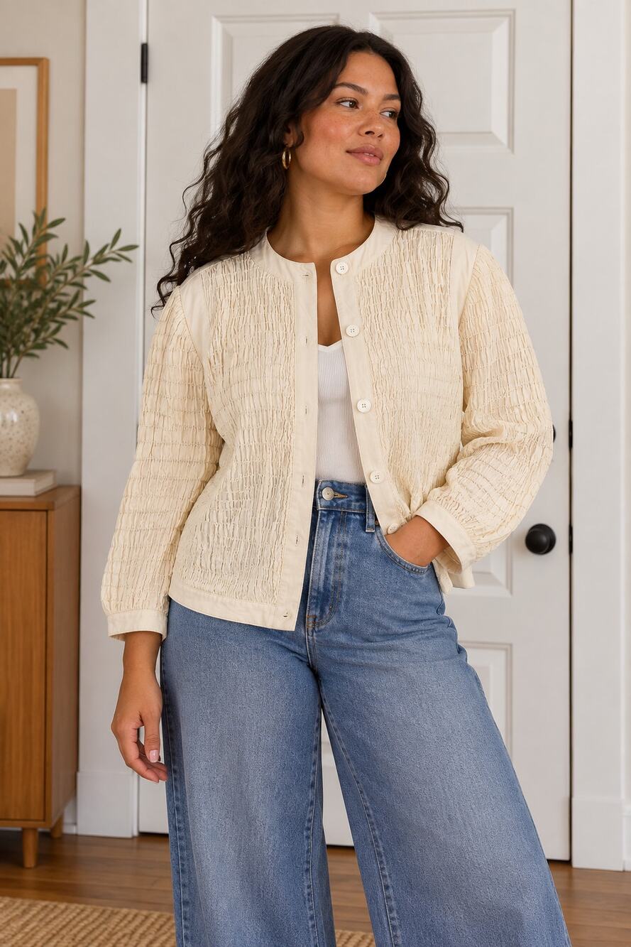 Vintage BIS Textured Cotton Jacket Small Made in USA Cream Minimalist ✨